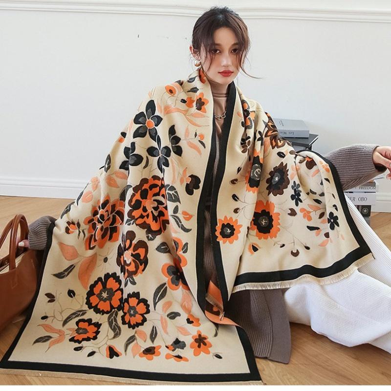 New Winter Cashmere Scarf Women Luxury Flower Print Female Shawl Wrap Scarves Lady Thick Warm Blanket Gift Echarpe Pashmina