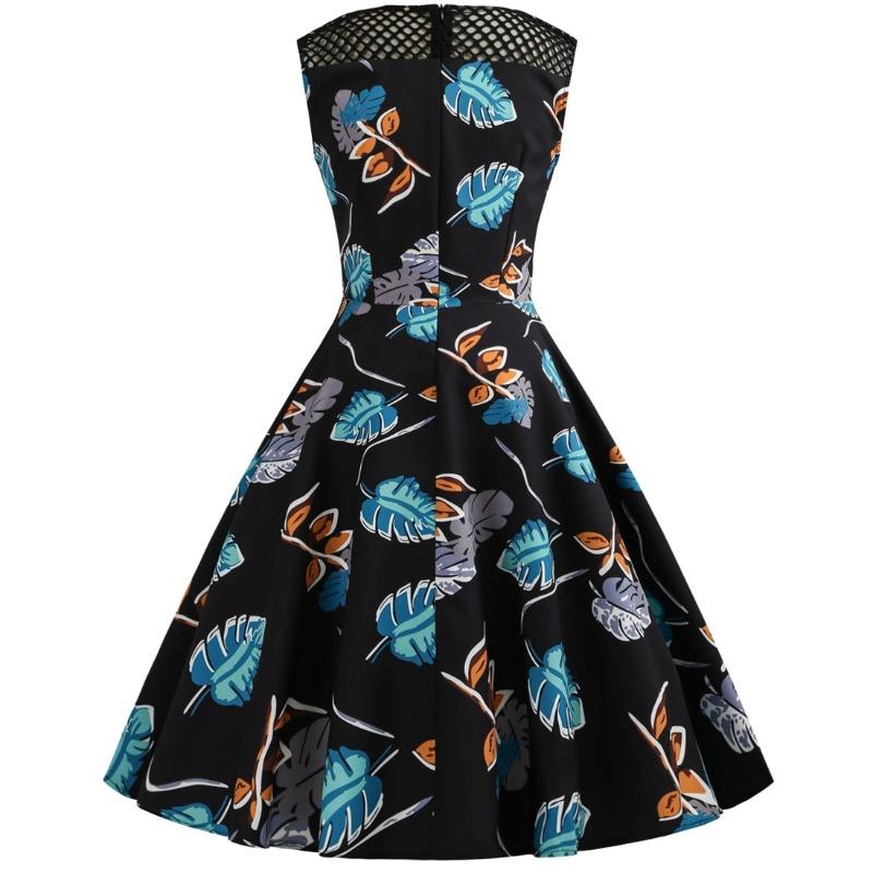 Eaby's New Retro Sleeveless Hollowed-out Gauze Leaf Printing Big Pendulum Dress