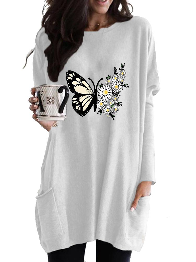 Women's Long Tunic with Pockets Loose Fit Fashion Printed Logn Sleeve Top Women's Sweatshirt