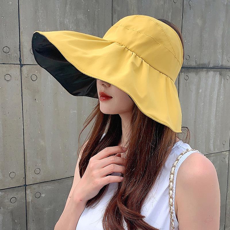 Wide Brim Solid Empty Top Sun Hats for Women Black Plastic Anti-UV Summer Hat Breathable Beach Sunshade Hat Foldable Visor Cap