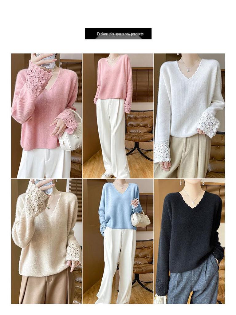 Women's 100% Pure Wool V-Neck Lace Long Sleeve Loose Sweater - Autumn/Winter 2025 Collection