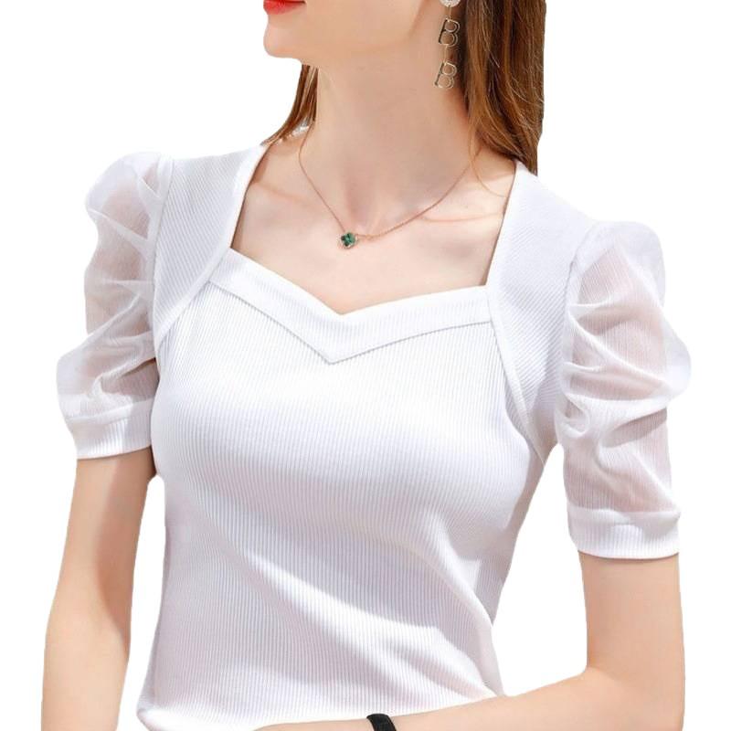 Women's 2026 Ice Silk Summer T-shirt – French Court Style Puff Sleeve, Square Neck Cool Top