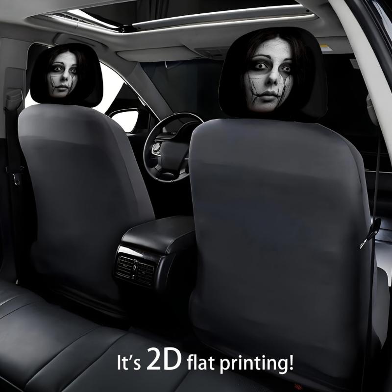 2 Stück Halloween-inspirierte Auto-Kopfstützenbezüge Bequeme Polyester-Belüftete Kopfstützenabdeckung Geeignet für Fahrzeuge