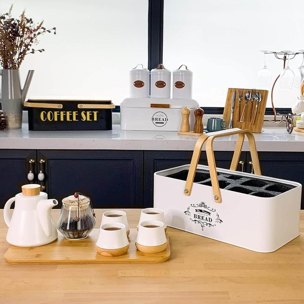 SOTECH Outdoor Travel Tea Set, Modern Chinese Tea Set with Elegant Ceramic Teapot, Teacups with Wooden Coasters, Glass Tea Tin, and Wooden Arm Metal