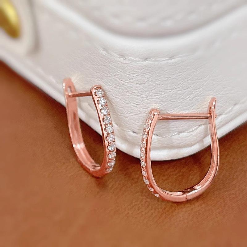 Half Inlaid Round Cubic Zirconia U Shaped Click Closure Hoop Earrings Polished Silver Minimalist Ladies Casual Accessories
