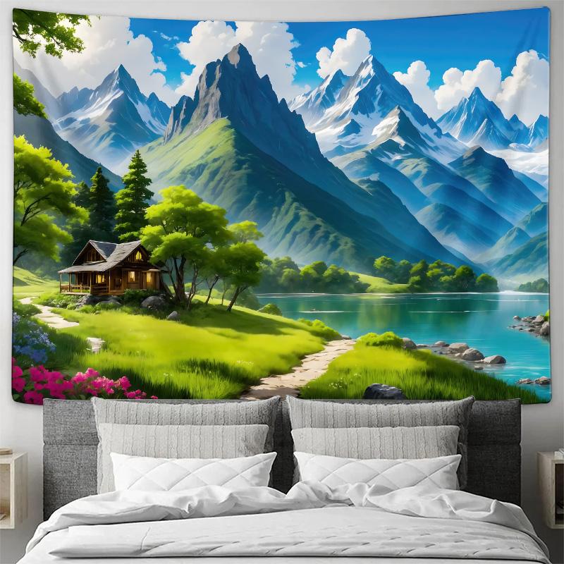 Cartoon Mountain Lake Cabin Landscape Wall Tapestry Machine Washable All Season Decor Art Print Nature Design Home Easy to clean