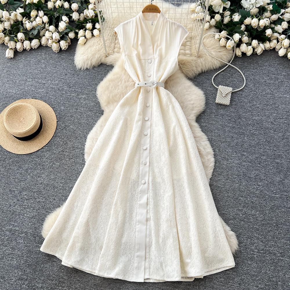 French elegant style sleeveless single-breasted dress women's summer new waist and thin long dress commuter temperament