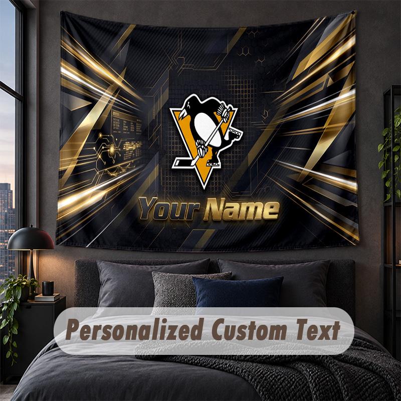 Custom Name Text Tapestry,Pittsburgh Penguins Decorative Wall Hanging, Background Tapestry For Home Bedroom