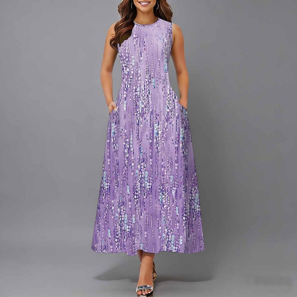 Ladies Plus Size Sleeveless Crew Neck Dress Distinct Floral Printed Loose Mid Length Dress