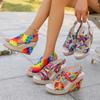 Women Sandals Rainbow Graffiti Wedge Heels Sandals Women Summer Peep Toe Platform Shoes Woman Buckle Strap Thick Bottom Shoes