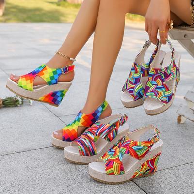 Damen Sandalen Regenbogen Graffiti Keilabsatz Sandalen Damen Sommer Peep Toe Plateau Schuhe Frau Schnallenriemen Dicke Sohle Schuhe