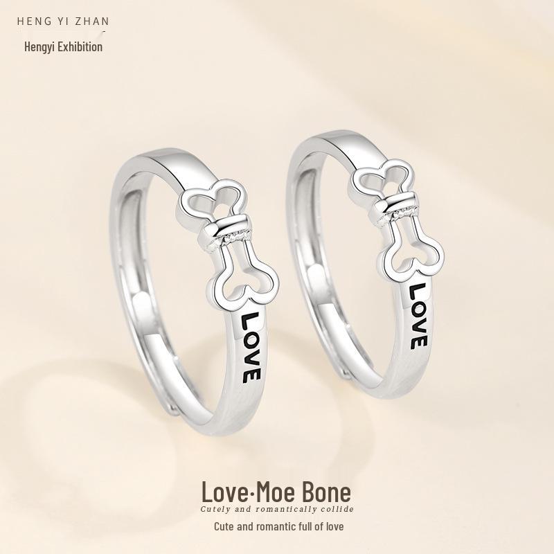 

Cartoon Cute Mengmeng Bone Love Couple Rings: 999 Pure Silver, Original Korean Design, Trendy Ins Style Female Model T2429
