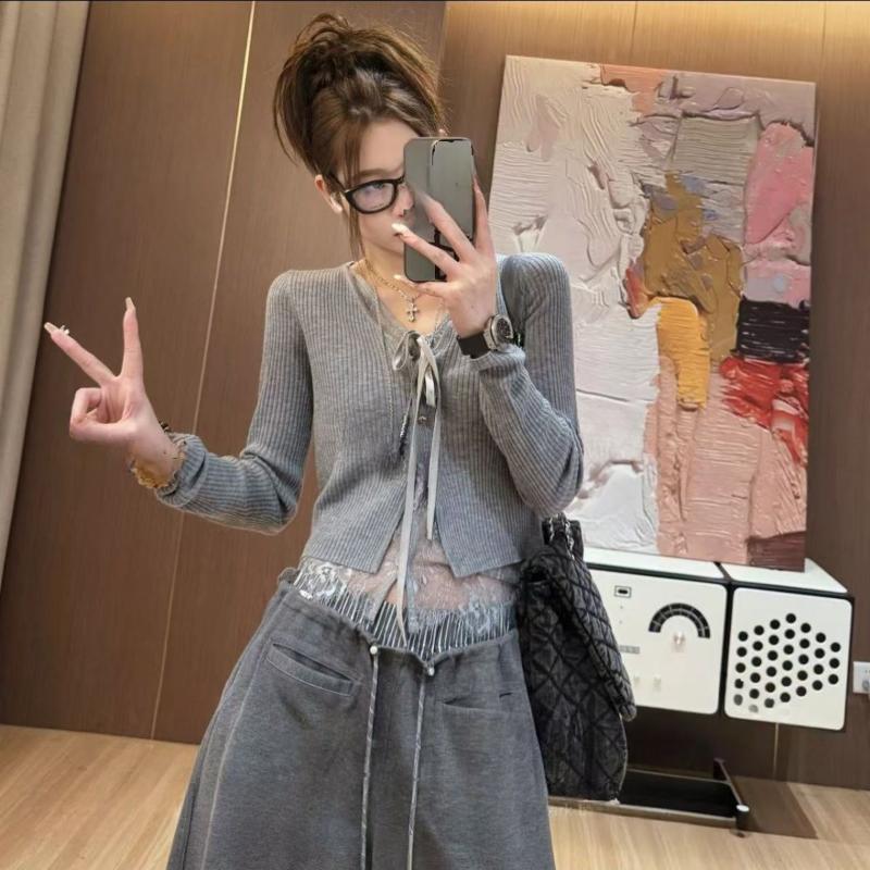 Two-piece Lace Spliced Knitted Cardigan for Women in 2025 Autumn New Slim Long-sleeved Jacket