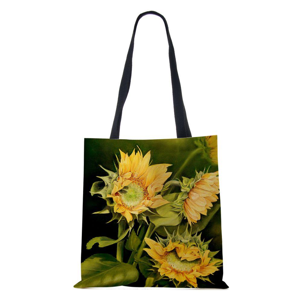 Sunflower Flowers Women Shoulder Bag Shopper Canvas Casual Grocery Handbag 2022 Print Painting Vintage Large Capacity Tote Books