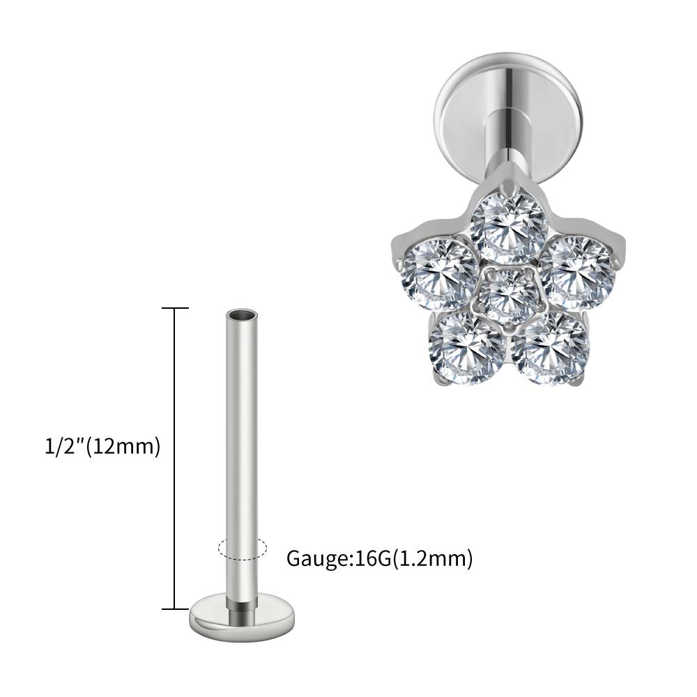 Right Grand ASTM F136 Titanium 5 CZ Flower Lip Labret Monroe Stud 16G Floral Cartilage Helix Earring Flat Back Piercing Jewelry