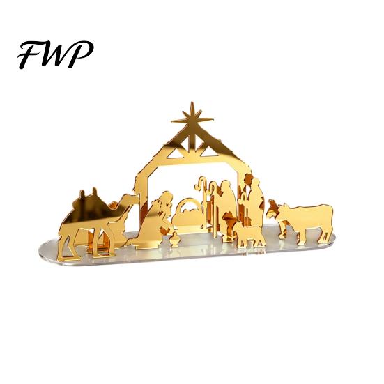 Christmas Tabletop Decorations Acrylic Ornament, Mirrored Golden Silhouette Scene, Decorative Living Room Table Decor Desktop Display for Holiday