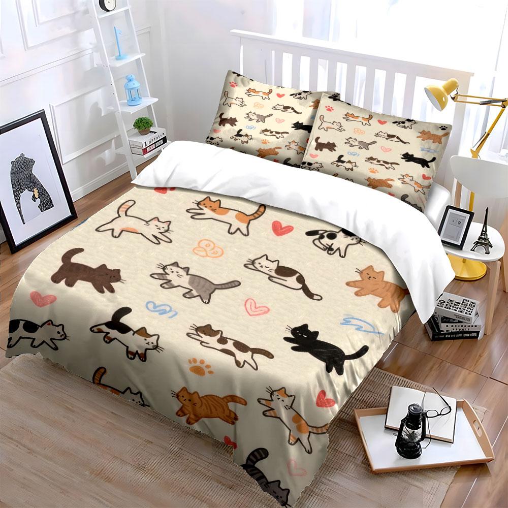 Cute Cat Pattern Decorative Set Bedding Set With 1 Duvet Cover 2 Pillowcases Single Double King Queen, Gift