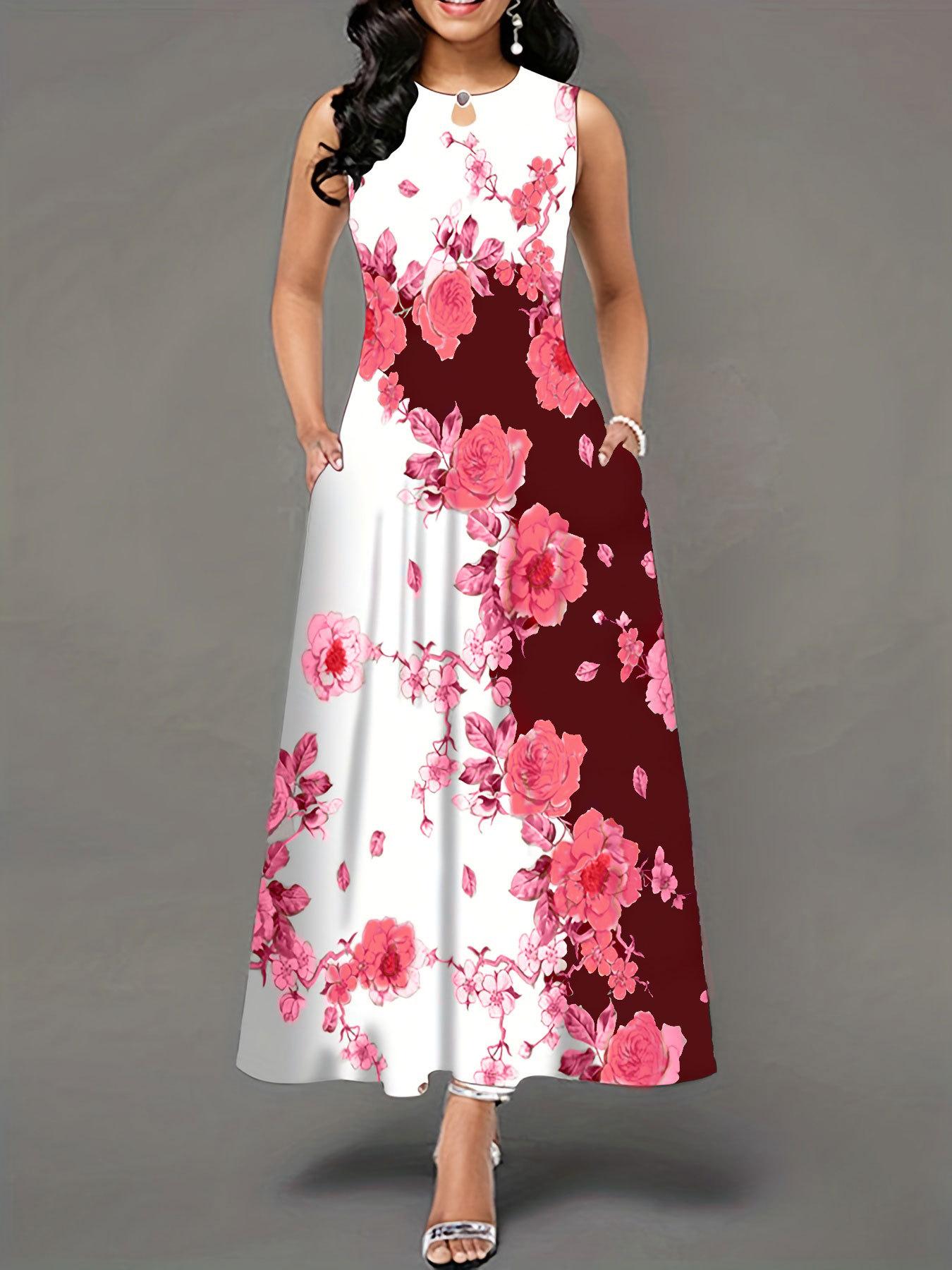 

Жіноча літня модна сукня без рукавів із круглим коміром плюс розмір Жіноча елегантна суцільна довга сукня з принтом XXXXXL червоний