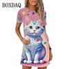 Cute cartoon animal print women's casual dog cat short sleeved mini dress summer new women's dress vest