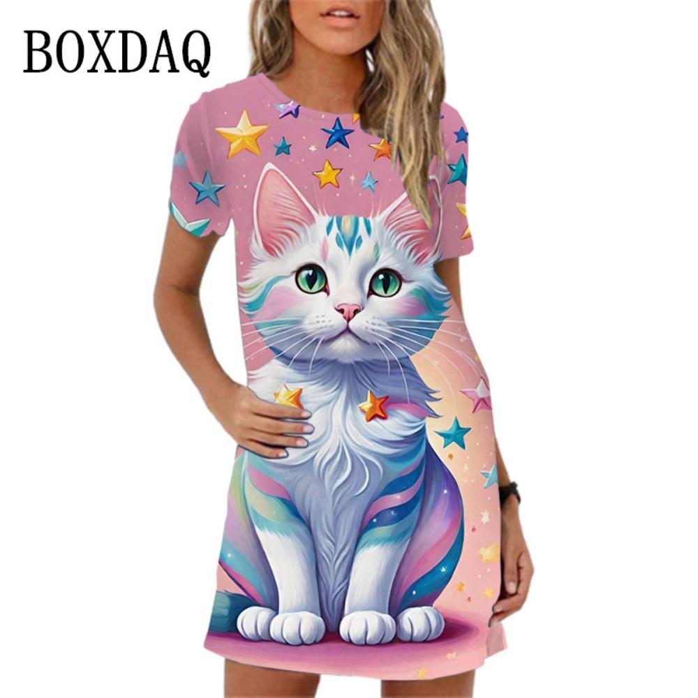 Cute cartoon animal print women's casual dog cat short sleeved mini dress summer new women's dress vest