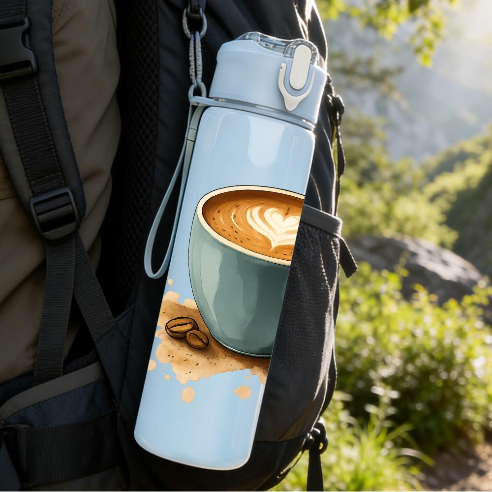 1PC Latte Coffee Cup Print 750ml Color Plastic Sports Water Bottle Leakproof Flip Straw Lid Suitable for Sports Office Home Use