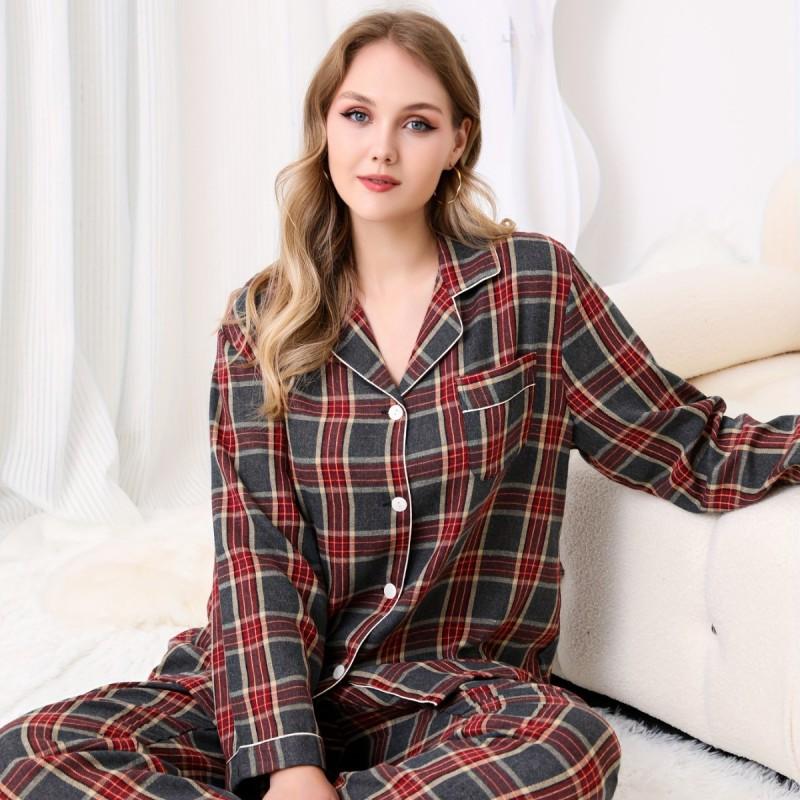 Plus Size Womens Winter Long Sleeve Pajama Set With Gray Red Plaid Comfortable Home Loungewear