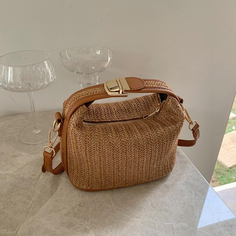 Летняя маленькая соломенная сумка модная сумка на плечо тканое ведро сумка через плечо повседневная морская пляжная сумка сумка-тоут с ручкой коричневый 1619₽