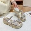 Platform Heightened Sandals Summer Wear New Round Head Rhinestone Butterfly Thin Belt Wedge Two-wear Flip-flops
