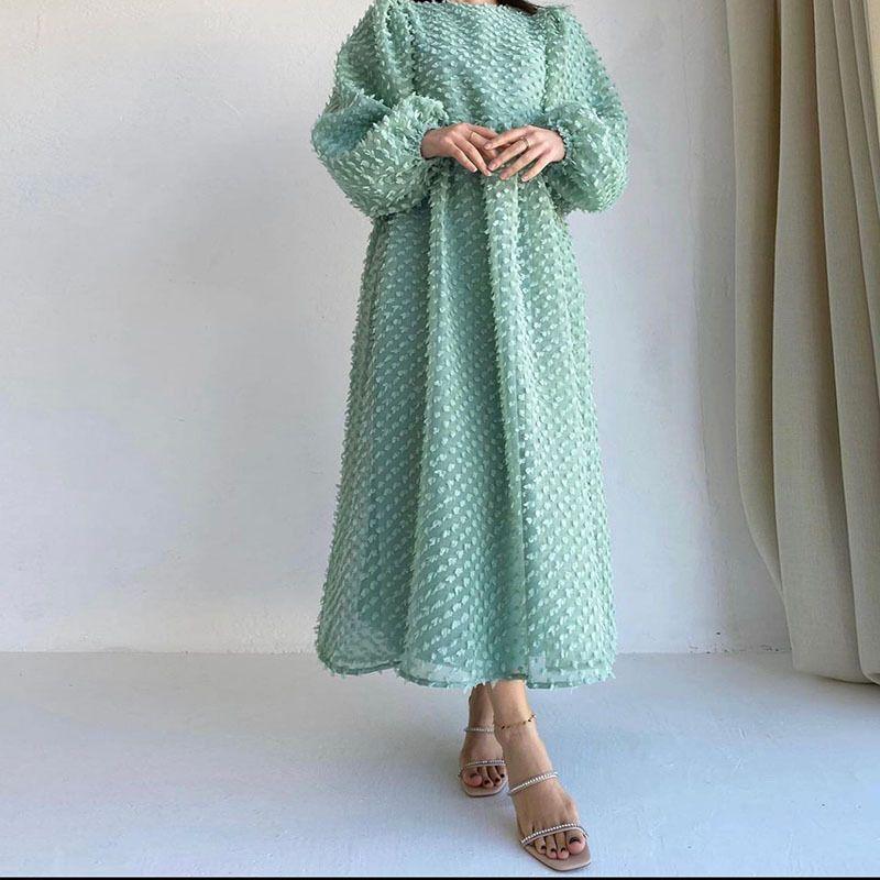 

Европейская и американская мода Ближнего Востока Женская одежда Однотонное платье с круглым вырезом и рукавами-фонариками Арабское Дубай Элегантное длинное платье Green S