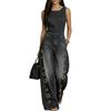 Tuta di Jeans Senza Maniche da Donna Gamba Larga Vestibilità Larga Scollo Rotondo Romper Casual con Quattro Tasche e Dettagli Occhielli Metallici