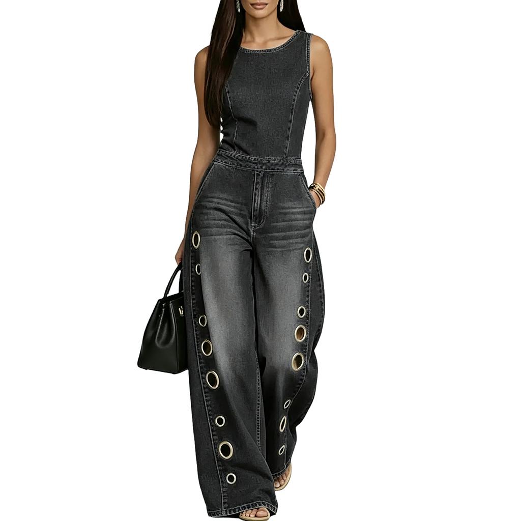 Tuta di Jeans Senza Maniche da Donna Gamba Larga Vestibilità Larga Scollo Rotondo Romper Casual con Quattro Tasche e Dettagli Occhielli Metallici