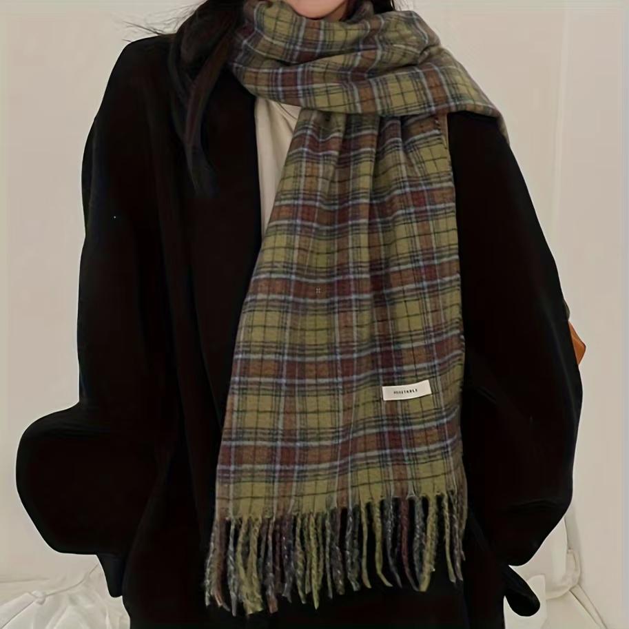 Vintage Green Plaid Tassel Scarf Women Imitation Cashmere Thickened Warmth Autumn Winter Shawl Wrap Scarves Pashmina