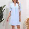 2023 Women's Solid Color V-Neck Loose Pleated Dress with Five-Point Sleeves