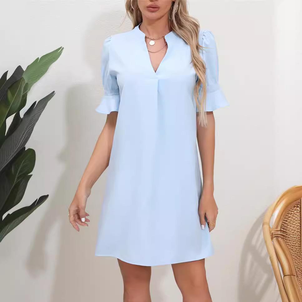 2023 Women's Solid Color V-Neck Loose Pleated Dress with Five-Point Sleeves