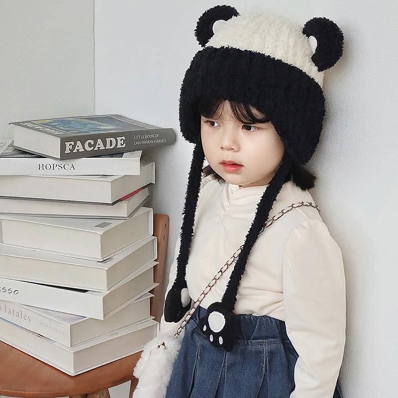 Autumn Winter Warm Hat with Earflap and Chin Strap Ties Cute Cartoon Beanie Cap Soft Bonnet Warm Headwear for Kids