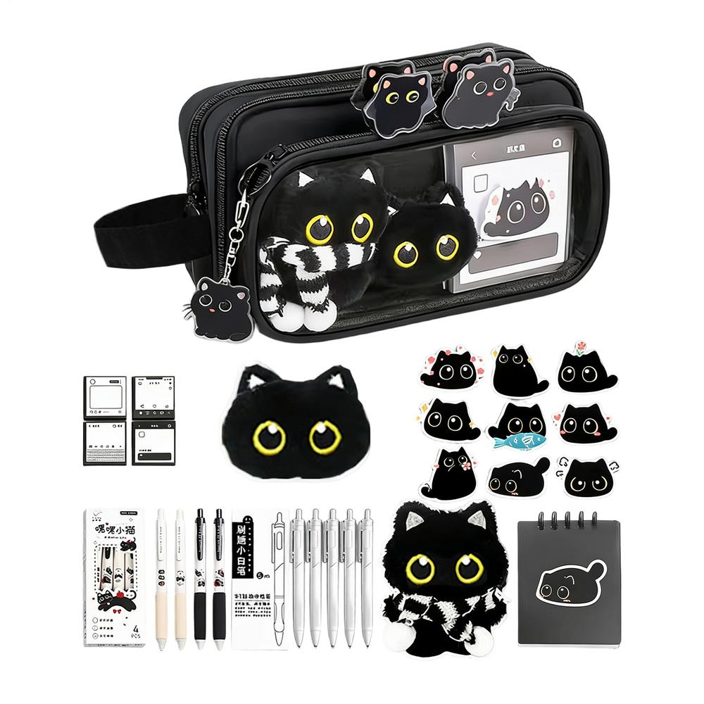 

Cute Cat Pencil Pouch with 10 Layers, Large Capacity Stationery Organizer with Stickers & Gel Pens, School Supplies Pen Case чёрный