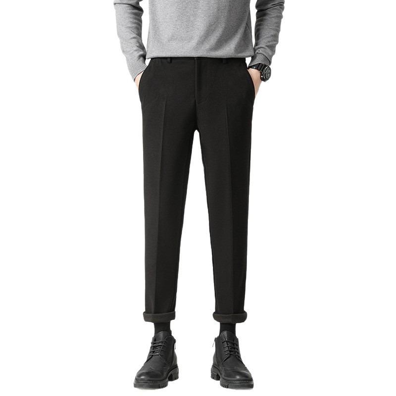 Autumn and Winter New Velvet Thickened Men's Drape Black Pants Small Trousers Men's Slim Straight Casual Pants