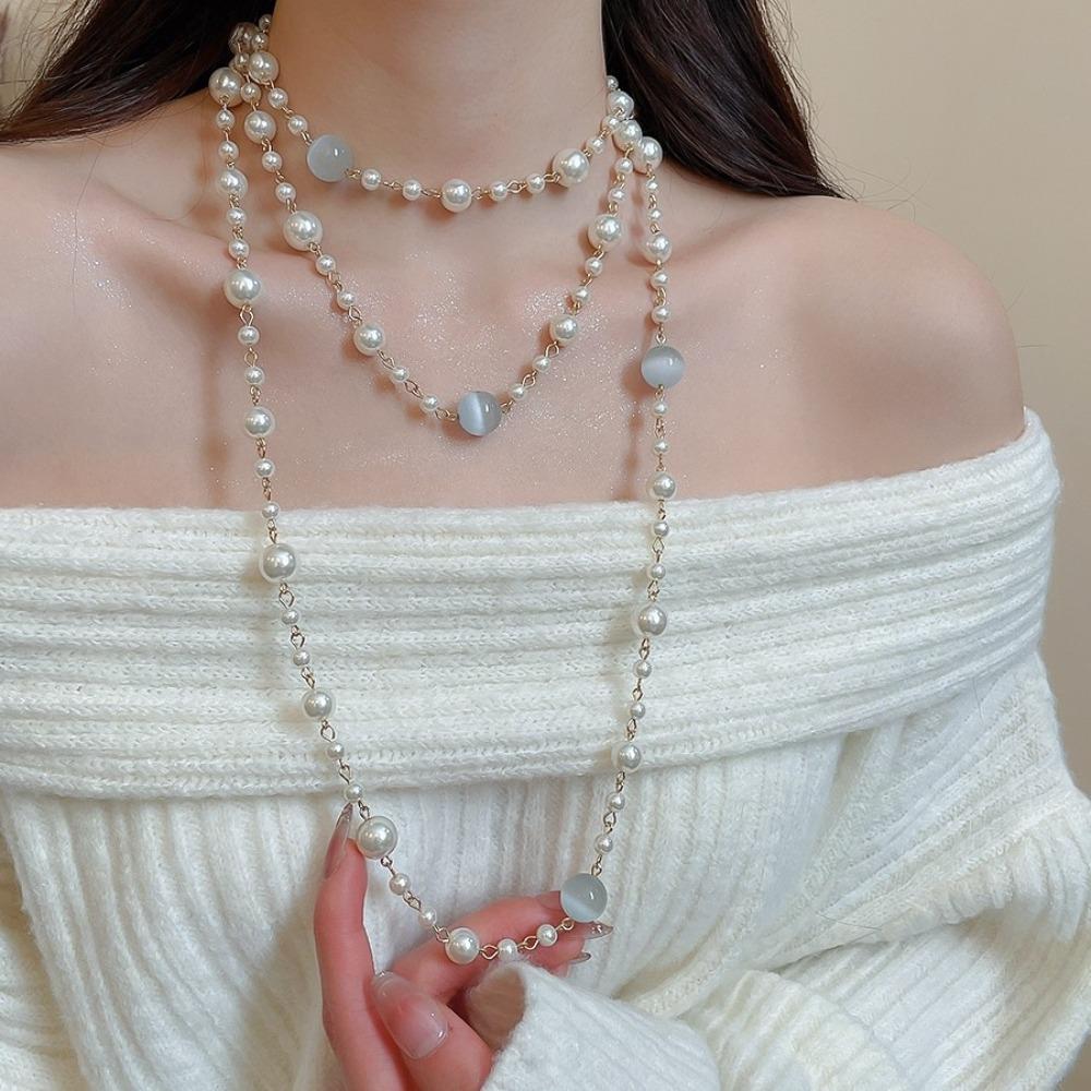 Layered Pearl Necklace Simulated Pearl Sweater Necklace Fashion Bead Necklace  Lady Wear