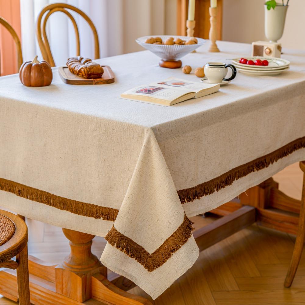 Tassel Tablecloth Linen Textured Table Cover Anti-scratch Table Cloth