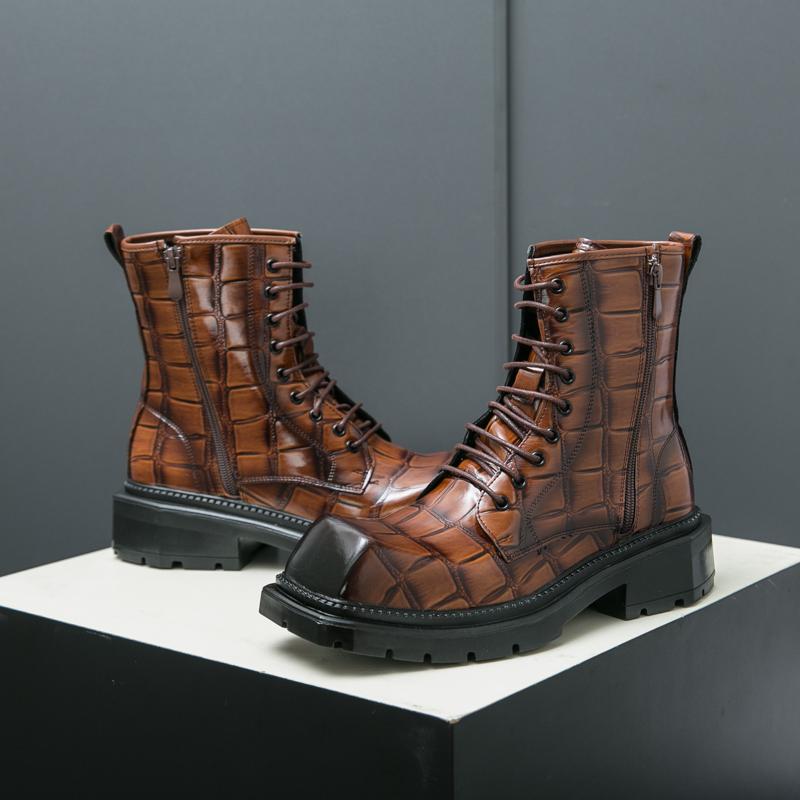 Fashion Fashion Retro Men Square-Toe Leather Boots Lace-up Motorcycle Boots Dress Shoes Luxury Thick Soled Boots Cowboy Boots Quality