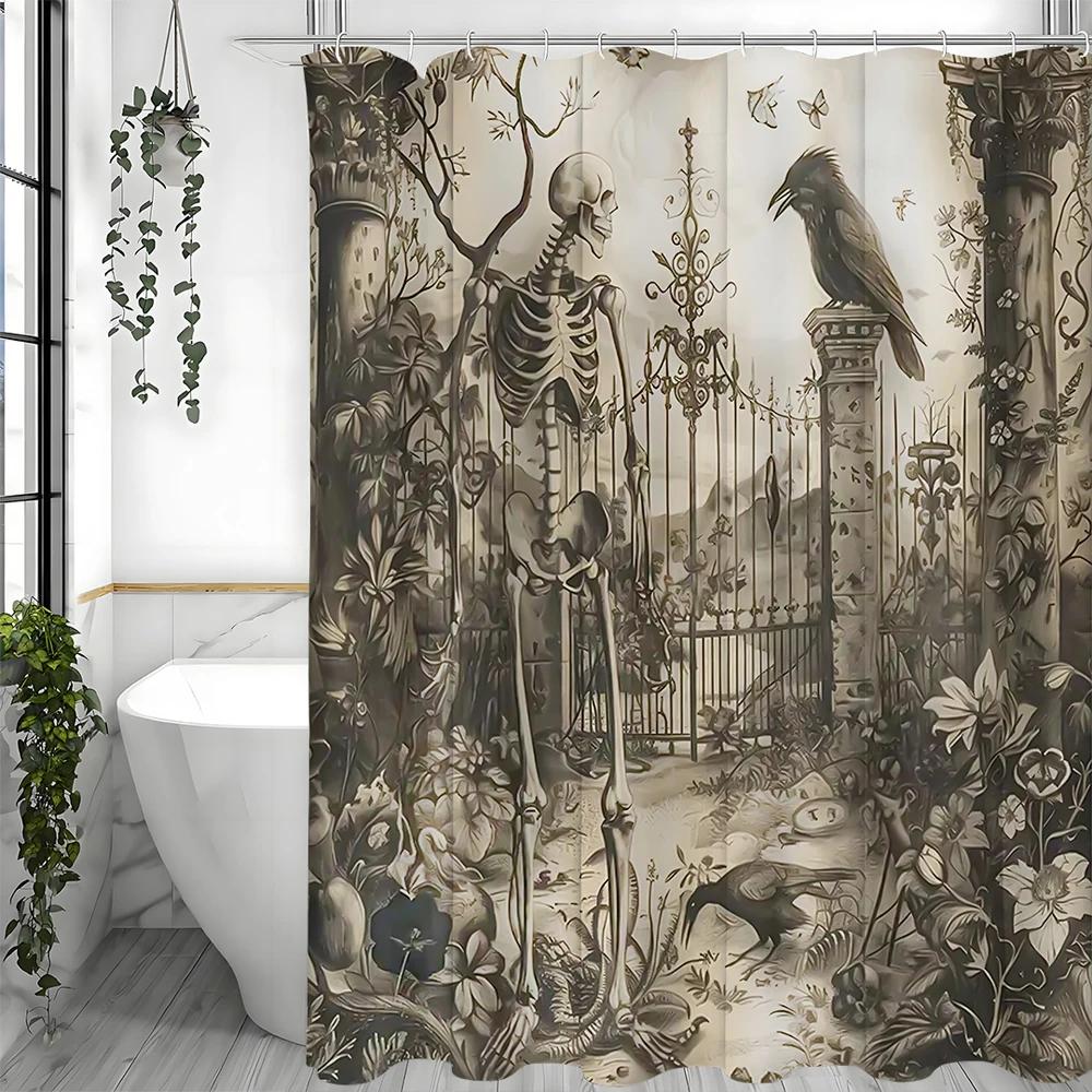 Halloween Skull Raven Nostalgic Retro Textured Floral Shower Curtain, Bathroom Decorative Shower Curtain, Waterproof Shower Curt W90XH180cm