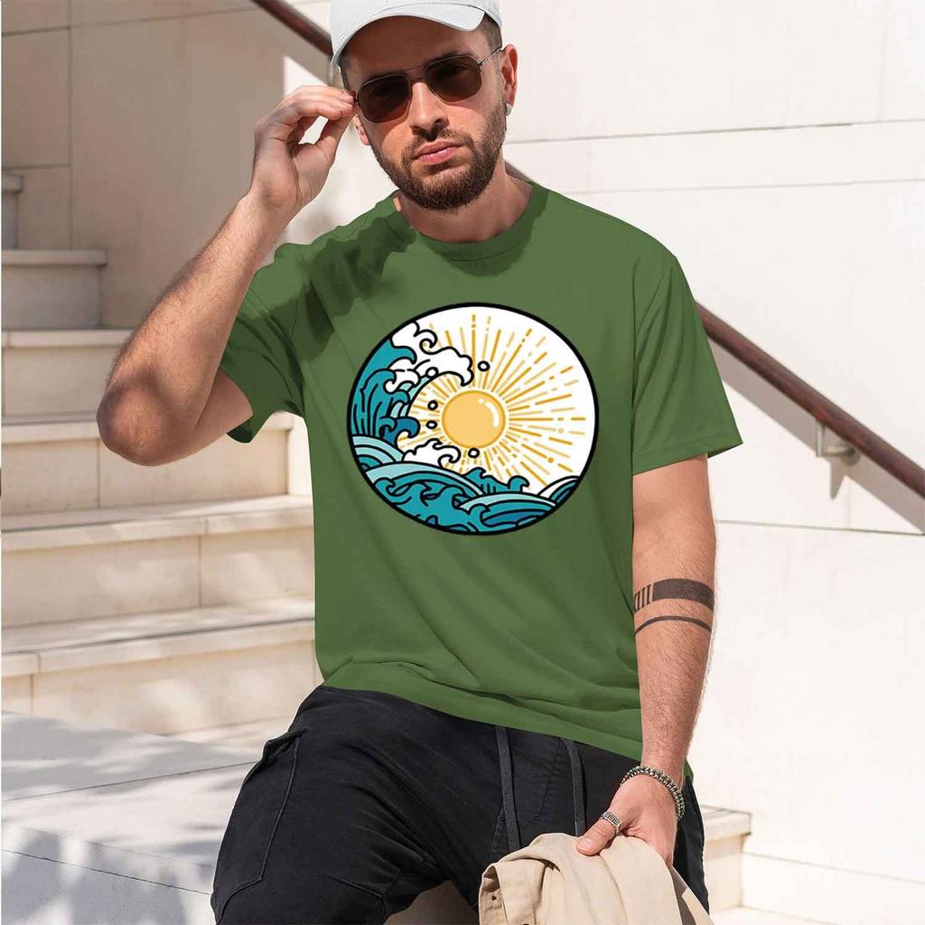 Sun And Wave Printed Breathable Round Neck Tee Malist Design Lightweight Fabr Unisex Bas Unisexs Tshirt 2026 New Model Shortsleev