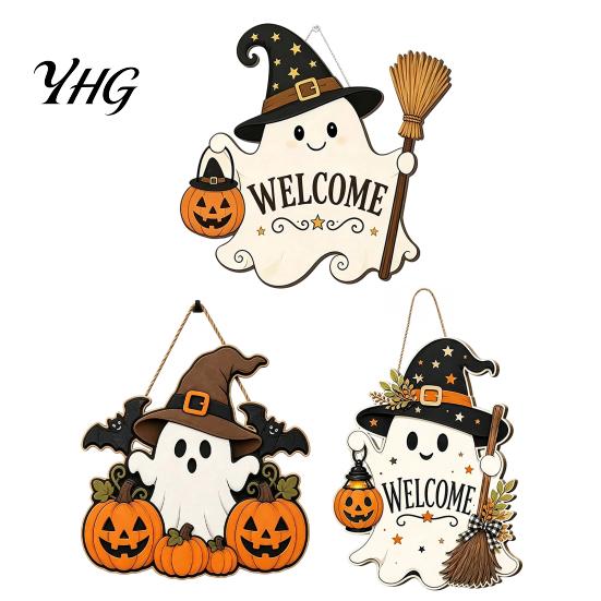 Entryway Wall Plaque Halloween Wooden Ghost Welcome Sign for Front Door, Rustic Cartoon Hanging Door Hanger with Pumpkin Wizard Hat And Broom Holiday