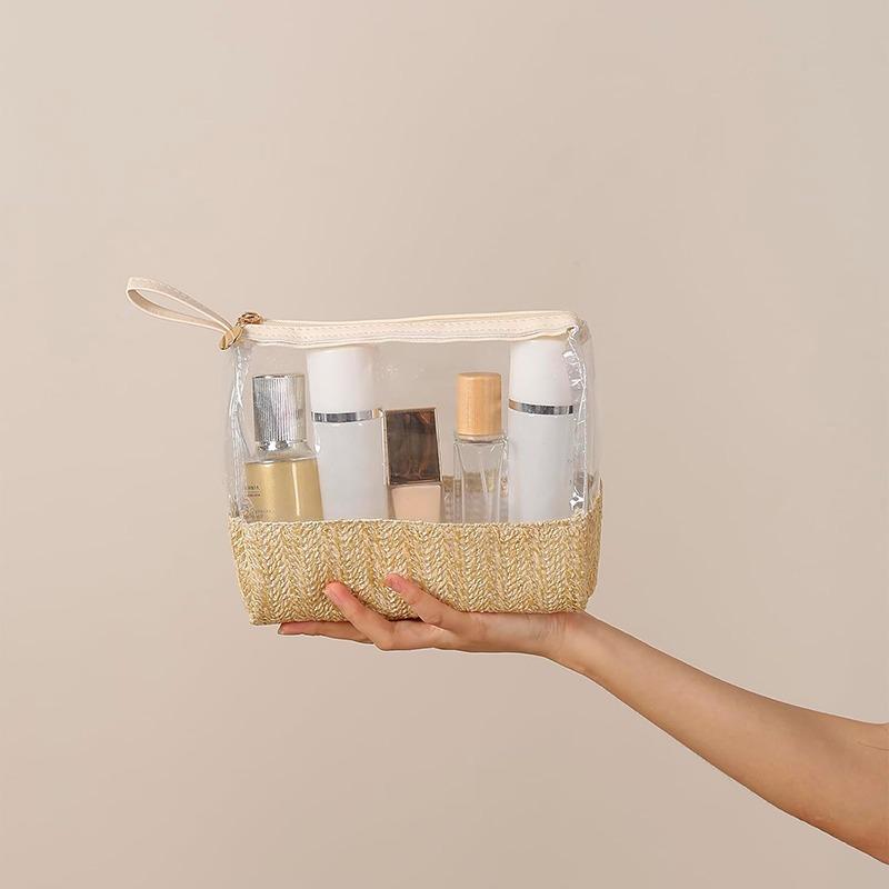 New Straw Woveing PVC Clear Makeup Case Toiletry Bag Travel Makeup Bag Portable Cosmetic Organizer Transparent Storage Bags