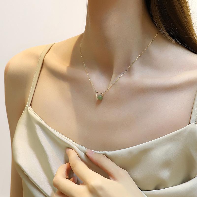 S925 Sterling Silver Necklace Women's Triangular Round Jade Bead Clavicle Chain Light Luxury Girlfriend Gift INS Temperament Hetian Jade Necklace