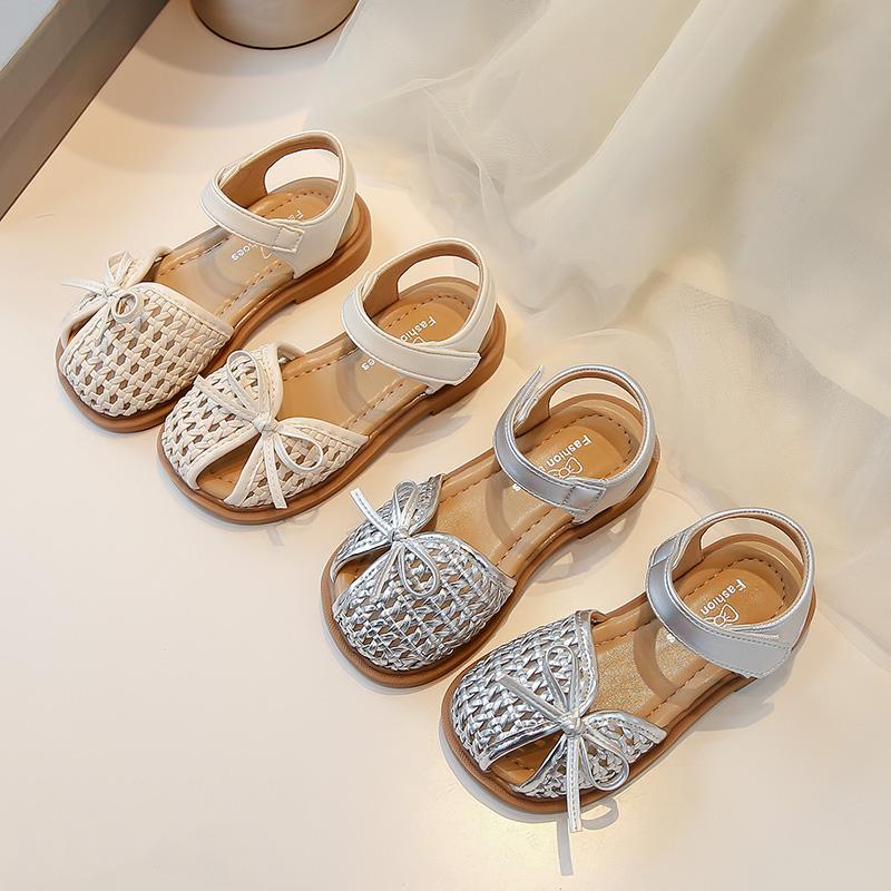 Girls Beach Shoes Weave Breathable Kids Princess Shoes with Simple Bows 2025 Summer New Children Sandals Soild Color Non-slip