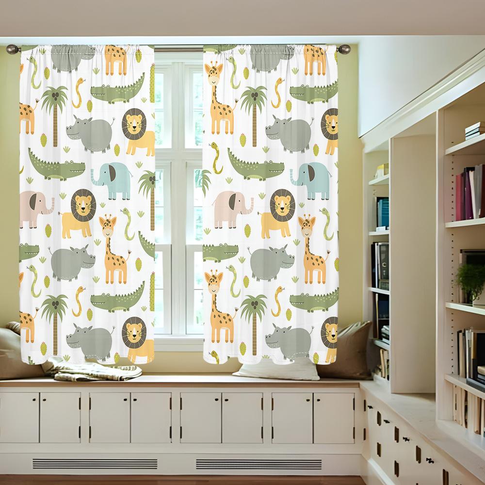 2Pcs Cute Animal Curtains Cartoon Elephant Crocodile Pattern Living Room Bedroom Kids Room Sunshade Zoo Theme Decor Curtains