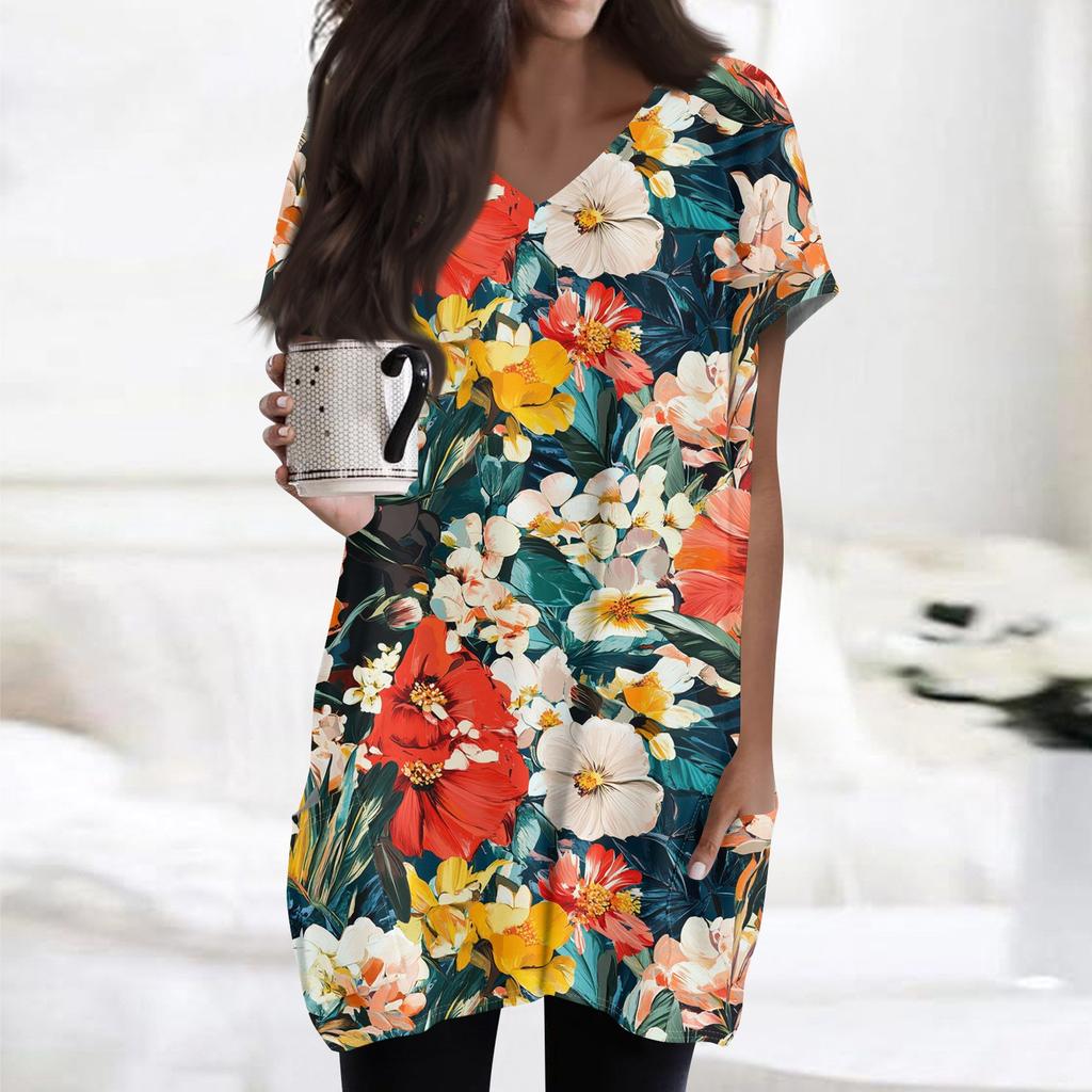 Women's Retro Flower And Leaf Print V-Neck Midi Pocket Short Sleeve Top