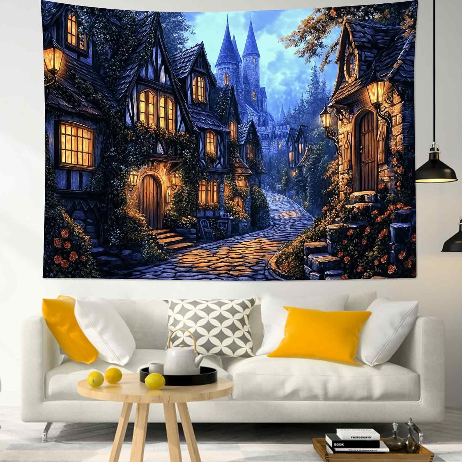 Vintage Castle Tapestry Night Street Old House and Green Tree Wall Tapestry for Bedroom Aesthetic Village Gothic Wall Art for 74x94cm(29x37in)