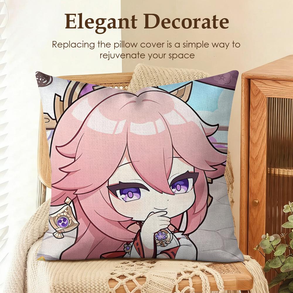 Yae Miko Cute Genshin Impact Cushion Cover Natural Linen Organic Fabric DoubleSided Printing Sofa Home Decor Gift Pillow Case
